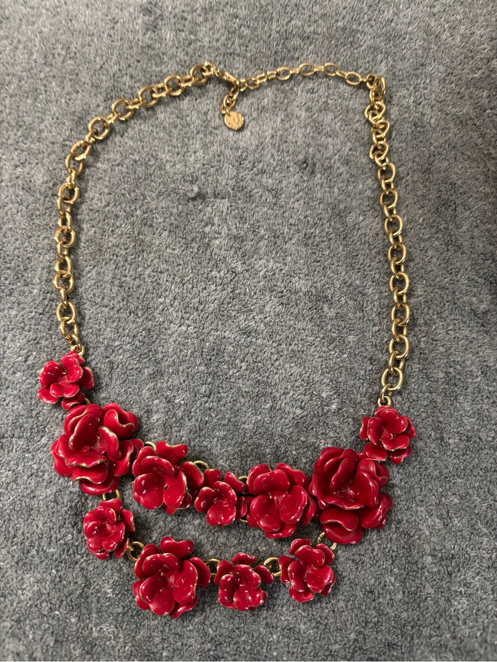 Talbots Gold Chain Necklace with Red Floral Cluster Pendant